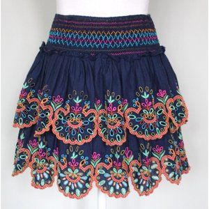 Anthropologie LOVE THE LABEL Rainbow Embroidered Tiered Eyelet Skirt, S Small